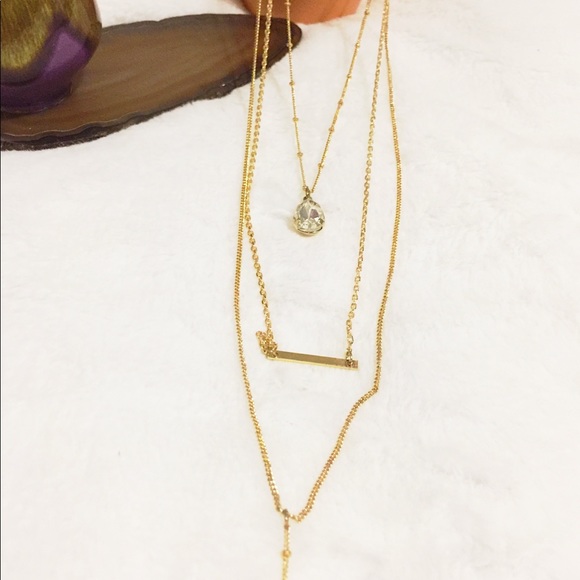 Stylish 3-Tier Layered Golden Tone Bar+Crystal Teardrop Pendant, Long Necklace - Picture 5 of 16
